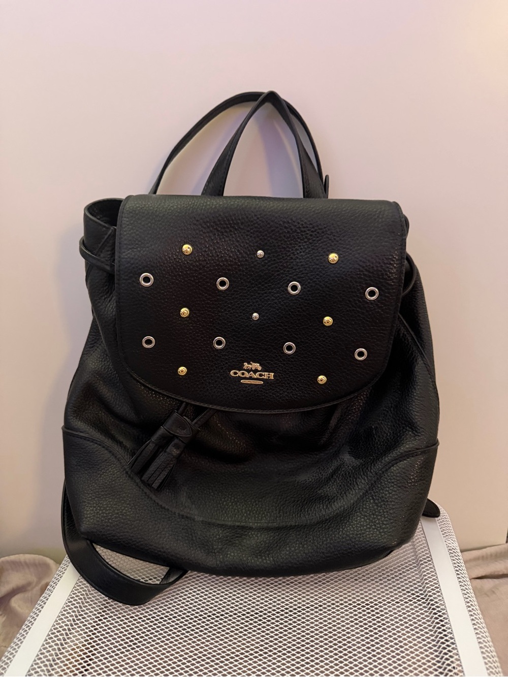 Coach Black Leather Grommet-Accent Backpack - Picture 3 of 3